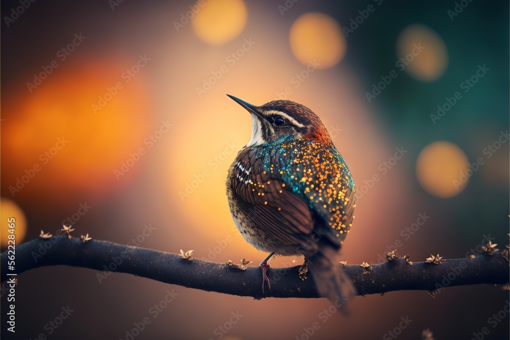 Poster a small bird sitting on a branch with a blurry background behind it and a blurry background behind i