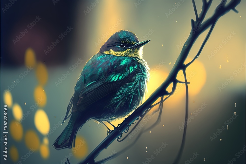 Poster a bird sitting on a branch with a blurry background behind it and a yellow spot in the background th