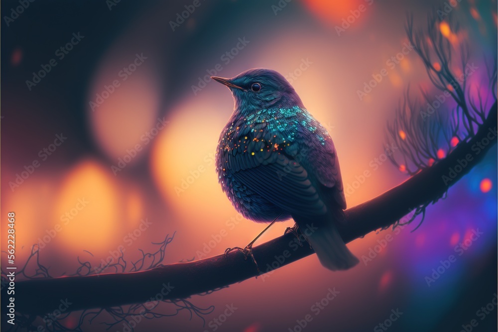 Poster a bird sitting on a branch with a blurry background behind it and a blurry background behind it, and