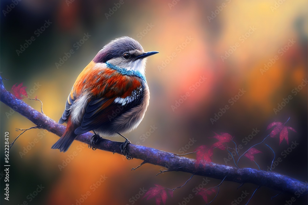 Poster a bird sitting on a branch with a colorful background behind it and a blurry background behind it, w
