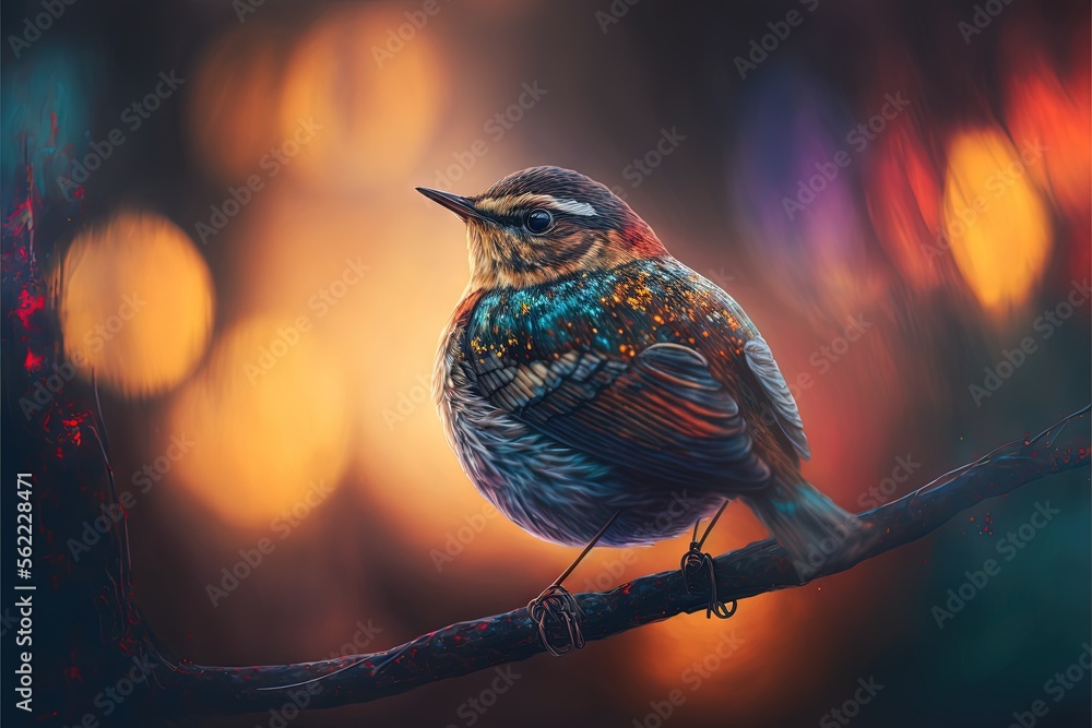 Poster a colorful bird sitting on a branch with blurry lights in the background and a blurry background beh