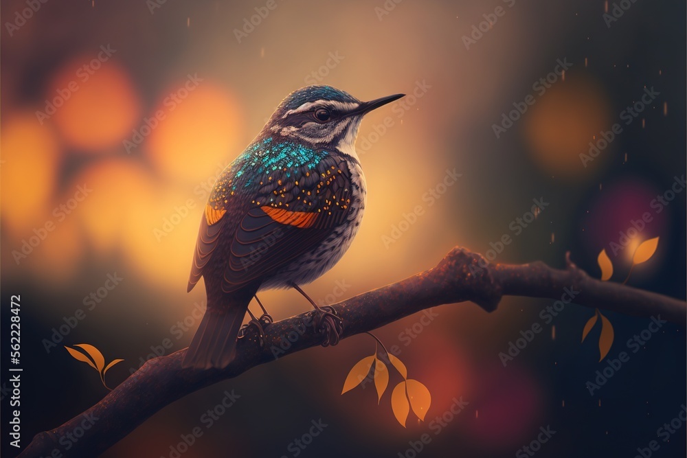 Poster a bird sitting on a branch with a blurry background behind it and a blurry background behind it, wit