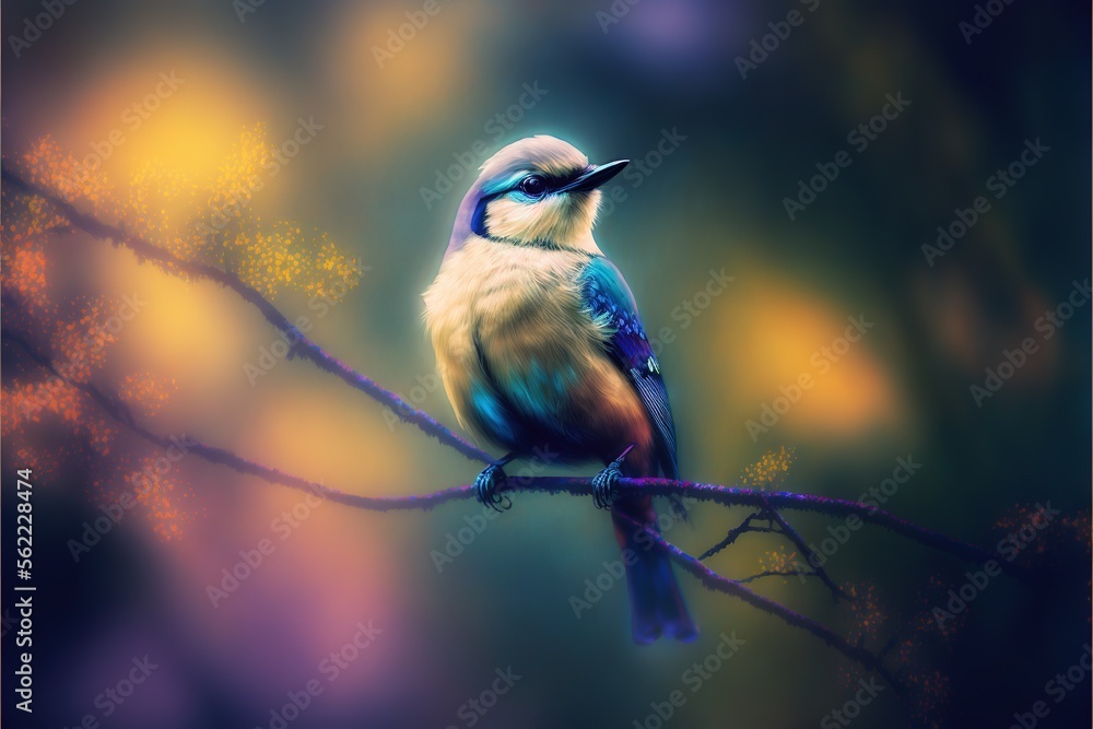 Poster a bird sitting on a branch with a blurry background behind it and a blurry background behind it, wit