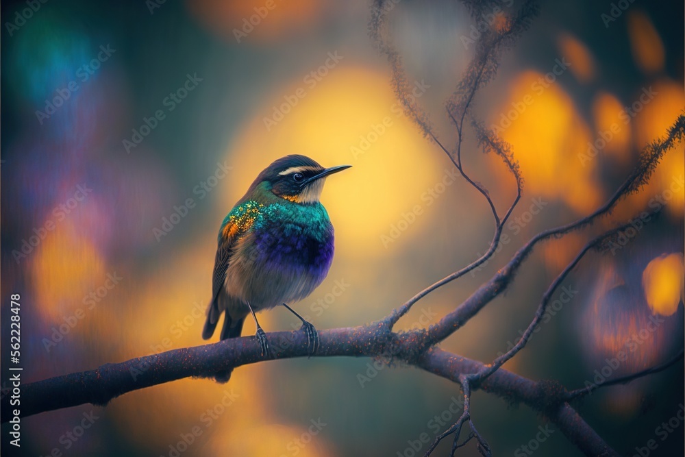 Poster a colorful bird perched on a tree branch with a blurry background of leaves and branches in the fore