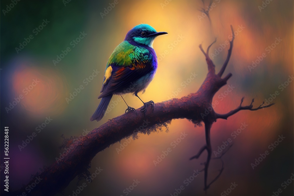 Poster a colorful bird perched on a branch in a tree with blurry background and boke of light coming from t