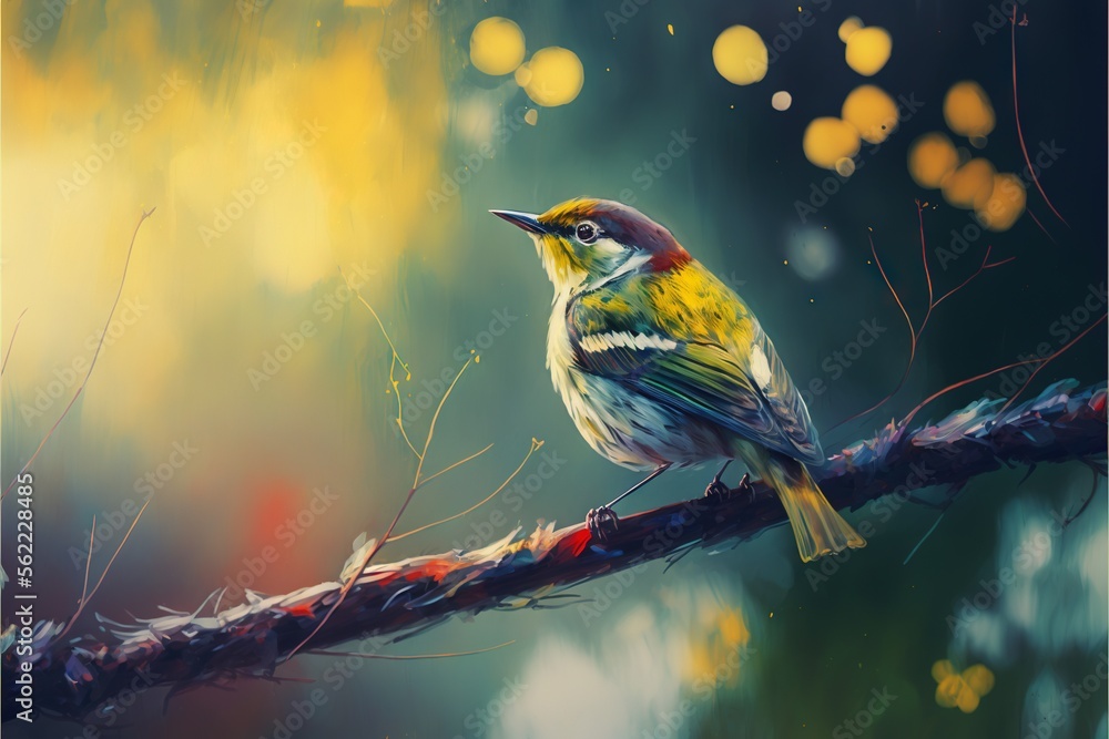 Aufkleber a bird sitting on a branch in a tree with leaves on it's branches and a blurry background of yellow 