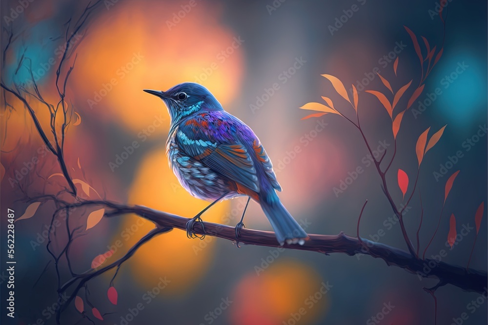 Poster a bird sitting on a branch with a colorful background behind it and a blurry background behind it, w