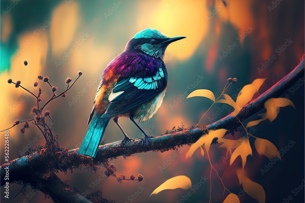 Poster a colorful bird sitting on a branch in a tree with yellow leaves and a blue sky in the background wi