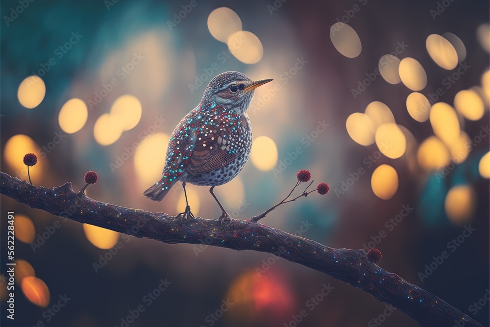 Aufkleber a bird sitting on a branch with blurry lights in the background and a blurry background behind it is