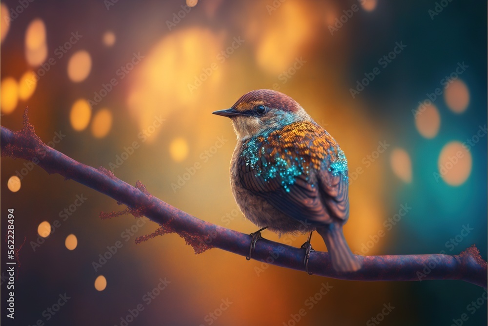 Poster a bird sitting on a branch with a blurry background behind it and a blurry background behind it, wit