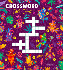 Crossword quiz game find a color of mexican and brazilian parrots. Vector cross word grid, worksheet with colorful tropical birds in traditional alebrije style. Kids educational or recreational task
