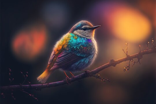 a colorful bird perched on a branch with blurry background and boke of lights in the background, with a blurry background of branches and boket to the foreground, with a. generative ai