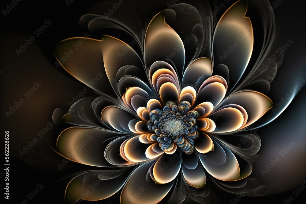 Poster a computer generated image of a flower with a black background and a yellow center in the center of 