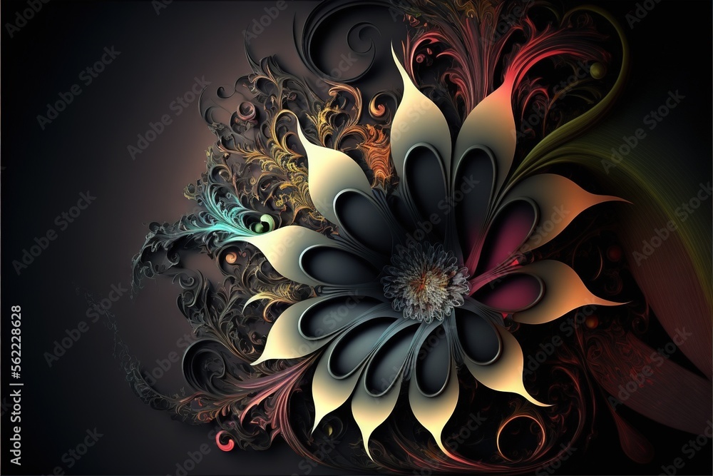 Poster a computer generated image of a flower with a black background and a red, yellow, and green center f