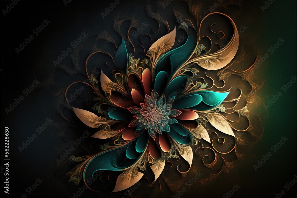 Poster a computer generated image of a flower with a green center and brown petals on a black background wi