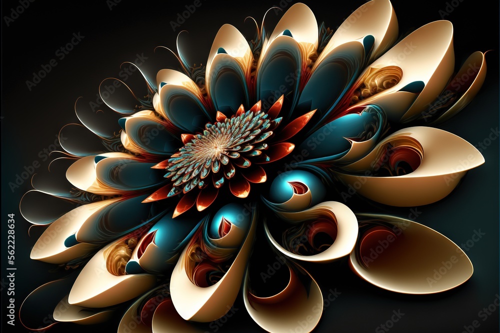 Poster a computer generated image of a flower with a black background and a blue center with a gold center 