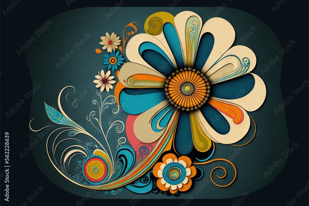 Poster a colorful flower with swirls and dots on a black background with a blue background and a black back