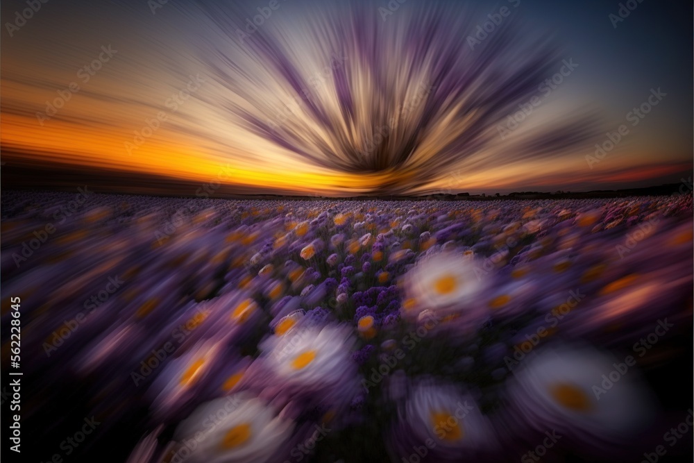 Poster a field of flowers with a sunset in the background and a blurry photo of the sky above it and a tree