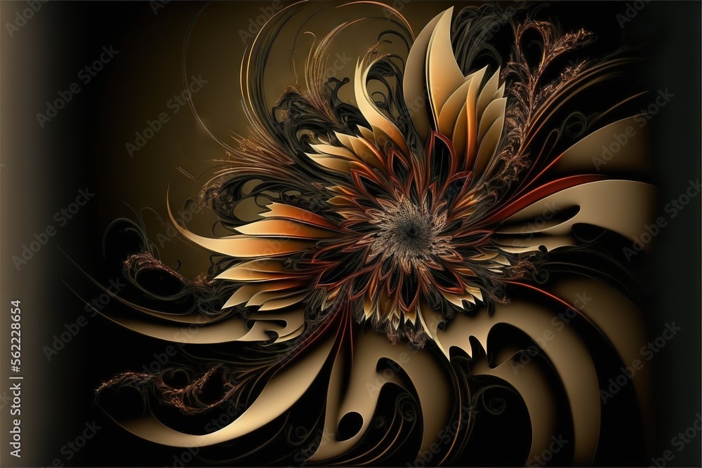 Poster a computer generated image of a flower with a brown background and a black background with a gold ce