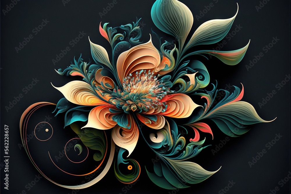 Poster a colorful flower with a black background is shown in this image, it is very colorful and has a larg