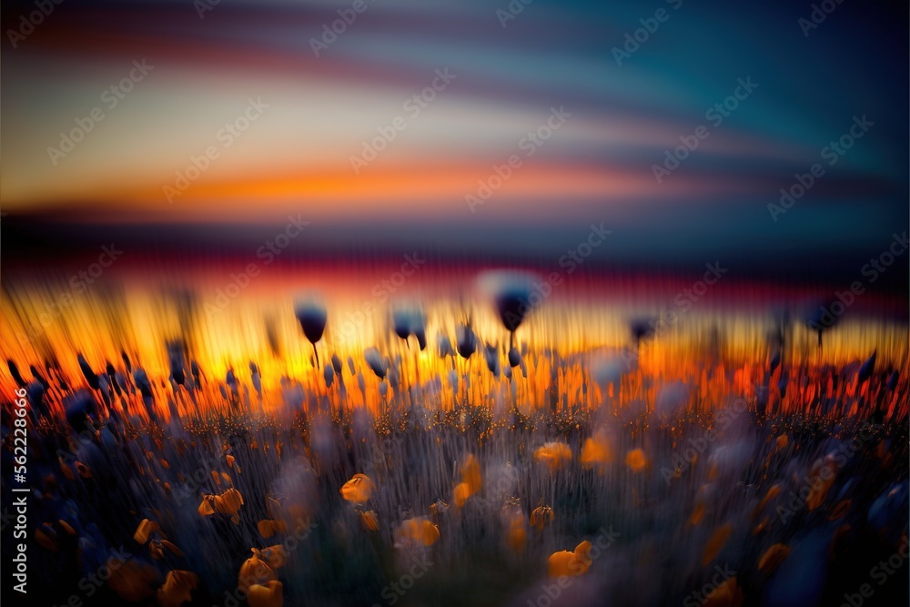 Poster a field of flowers with a sunset in the background and a sky in the background with clouds and a few