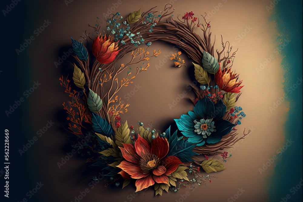 Poster a floral wreath with leaves and flowers on a brown background with a blue border around it and a bro