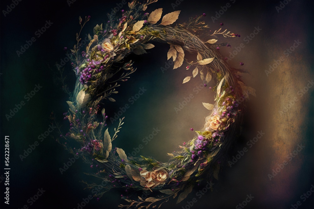 Aufkleber a wreath of flowers and leaves on a dark background with a blue background and a green background wi