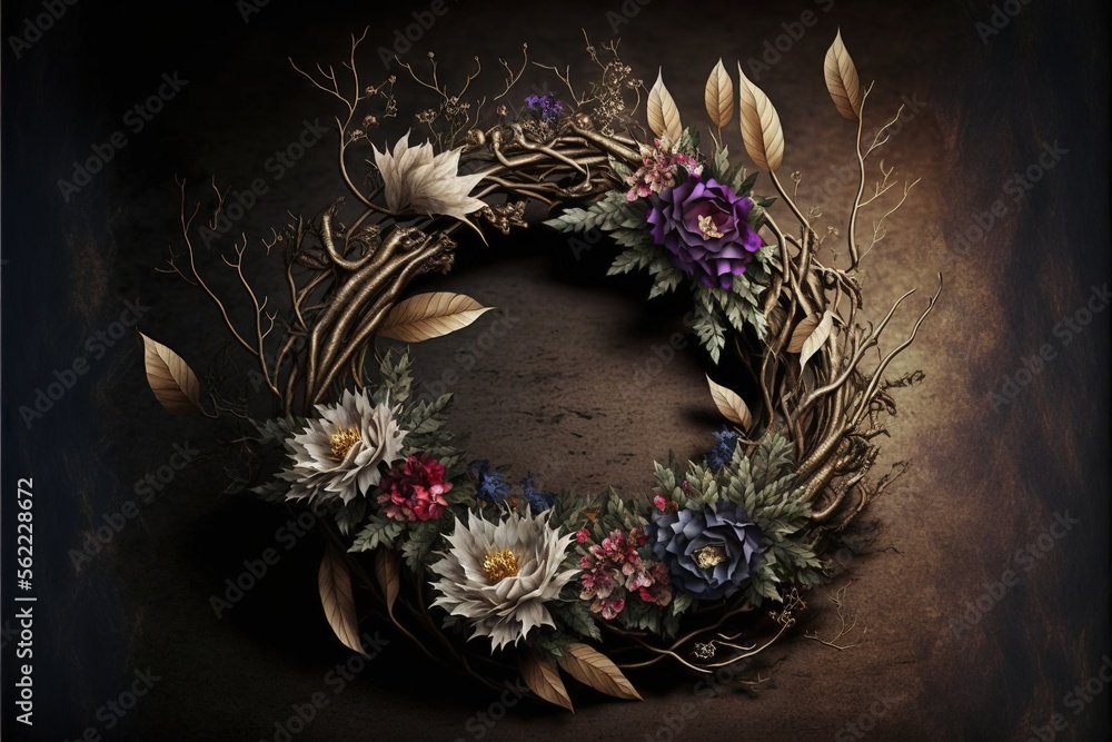 Poster a wreath of branches with flowers and leaves on a dark background with a light reflection on the gro