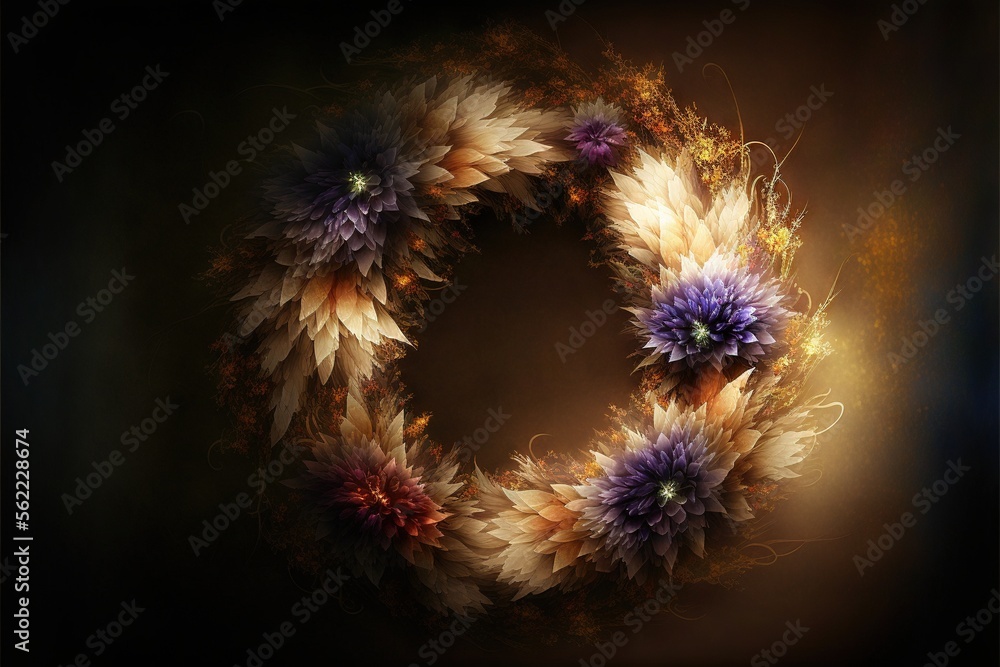 Aufkleber  a circular arrangement of flowers on a dark background with a light reflection in the center of the image and a dark background with a light reflection in the middle of the midd Generative AI