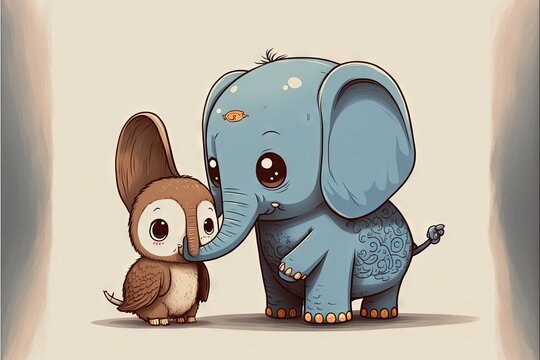  a small owl and an elephant are standing together in front of a white background with a light blue background and a light brown background with a brown border, with a light blue border. Generative AI