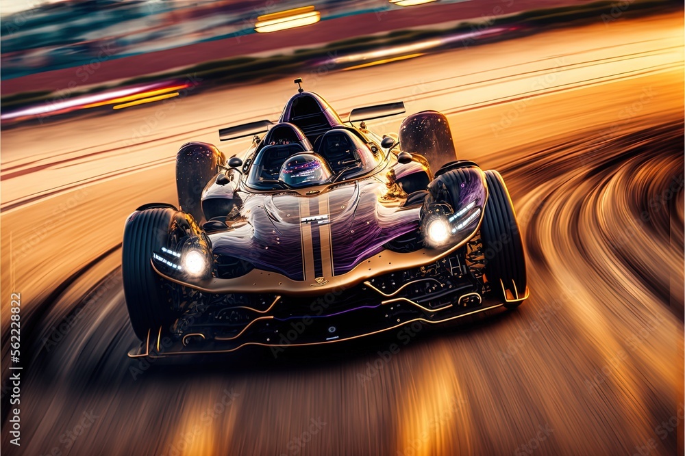Poster a racing car speeding down a track with blurry lights on it's side and a blurry background behind it