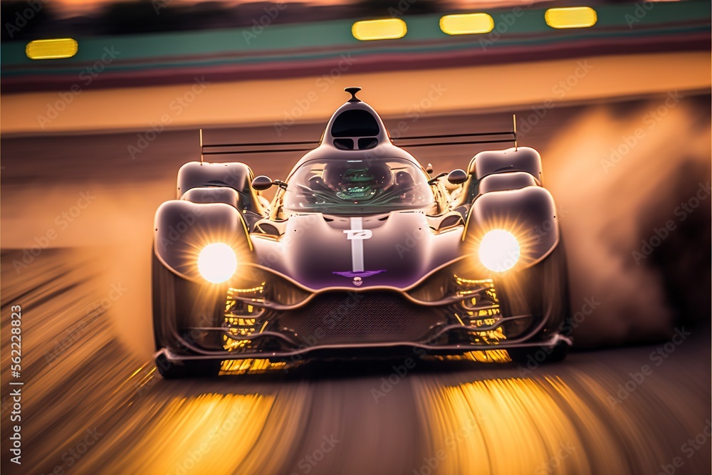 Poster a car driving down a race track with lights on it's side and a blurry background of the car in the f