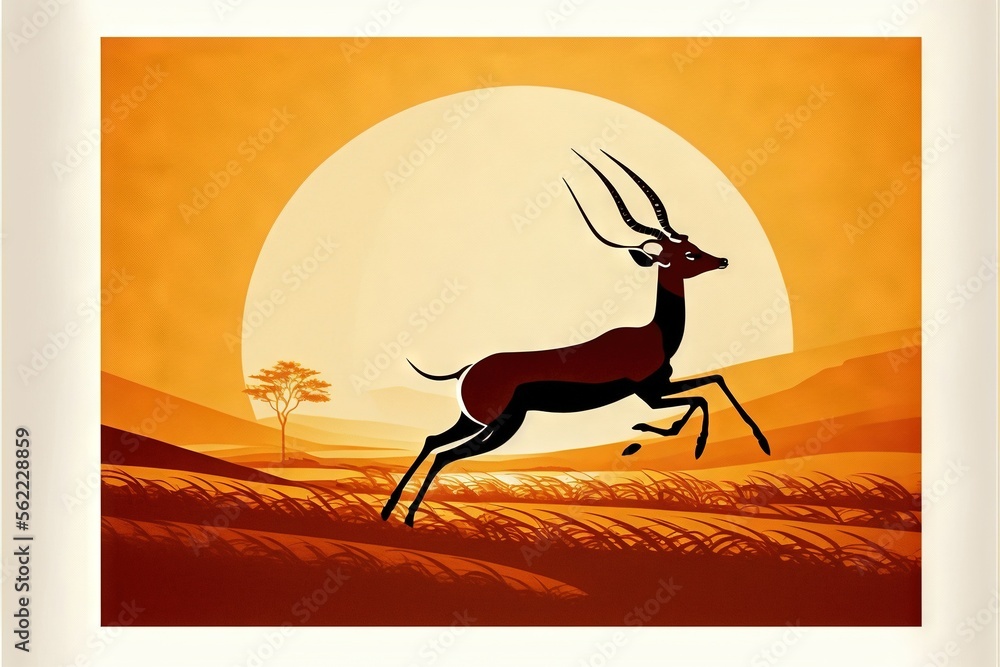 Poster a picture of a deer running in the sunset with a tree in the background and a sun setting behind it,