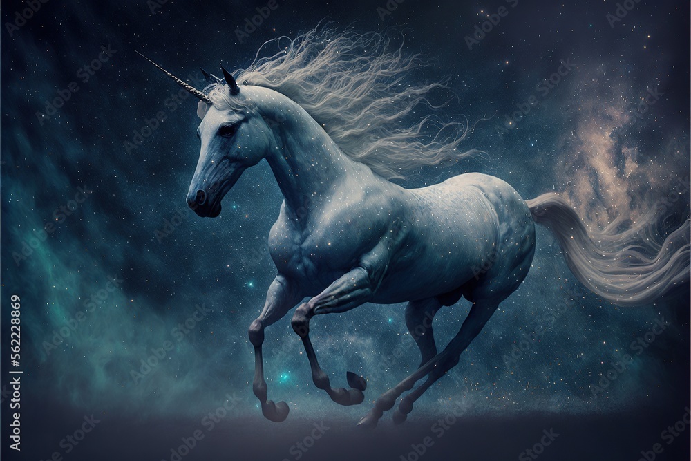 Poster a unicorn with a long mane running through the air with stars in the background and a blue sky with 