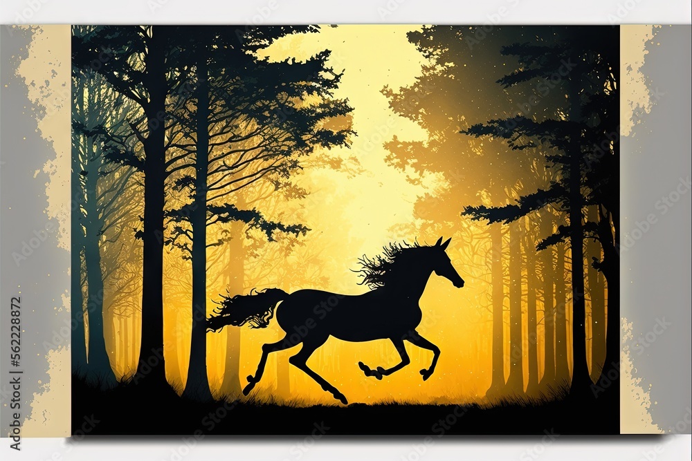 Poster a horse running through a forest at sunset with trees in the background and a yellow sky in the back