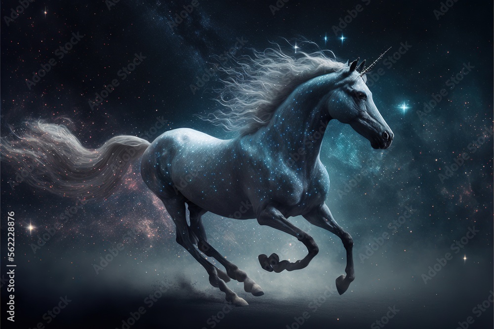 Poster a unicorn is running in the sky with stars in the background and a star cluster in the sky behind it