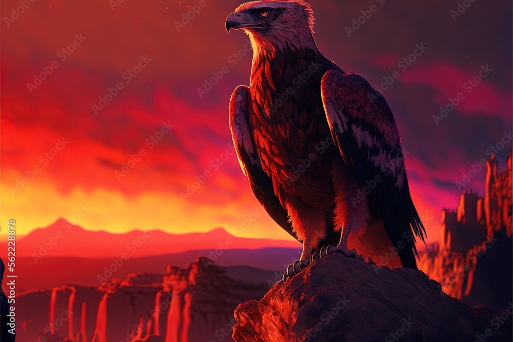 Poster a bird sitting on a rock in front of a sunset sky with mountains in the background and a red sky wit