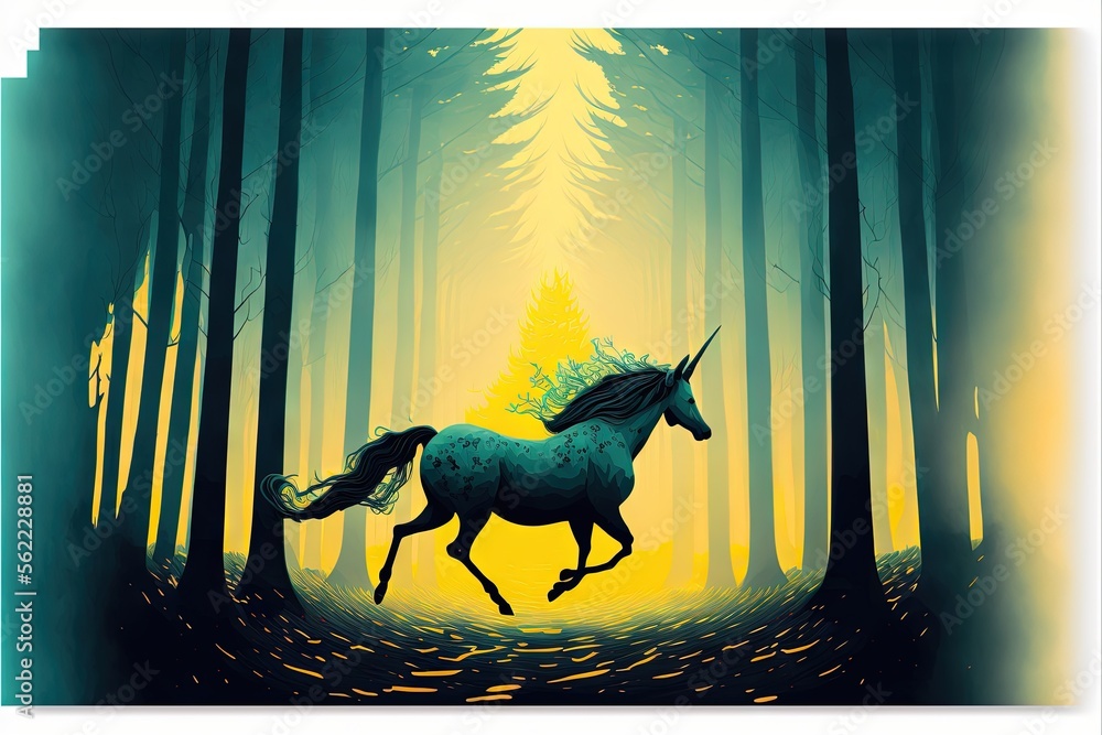 Poster a painting of a unicorn running through a forest with trees in the background and a yellow sky in th