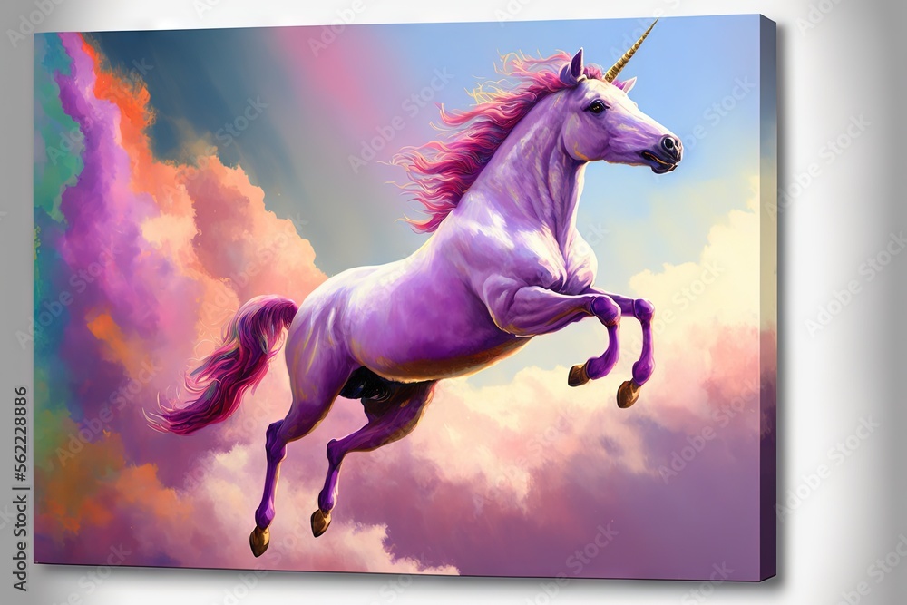 Poster a painting of a unicorn flying through the sky with a rainbow background and clouds behind it, with 