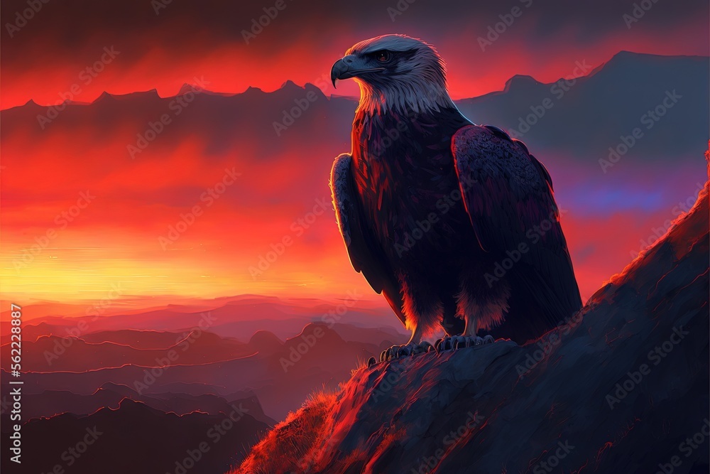 Poster a painting of a bird sitting on a rock at sunset with mountains in the background and a red sky with