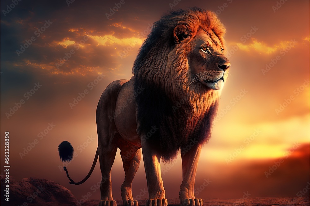 Poster a lion standing on a rock in the sunset with a sky background and clouds in the background, with a s