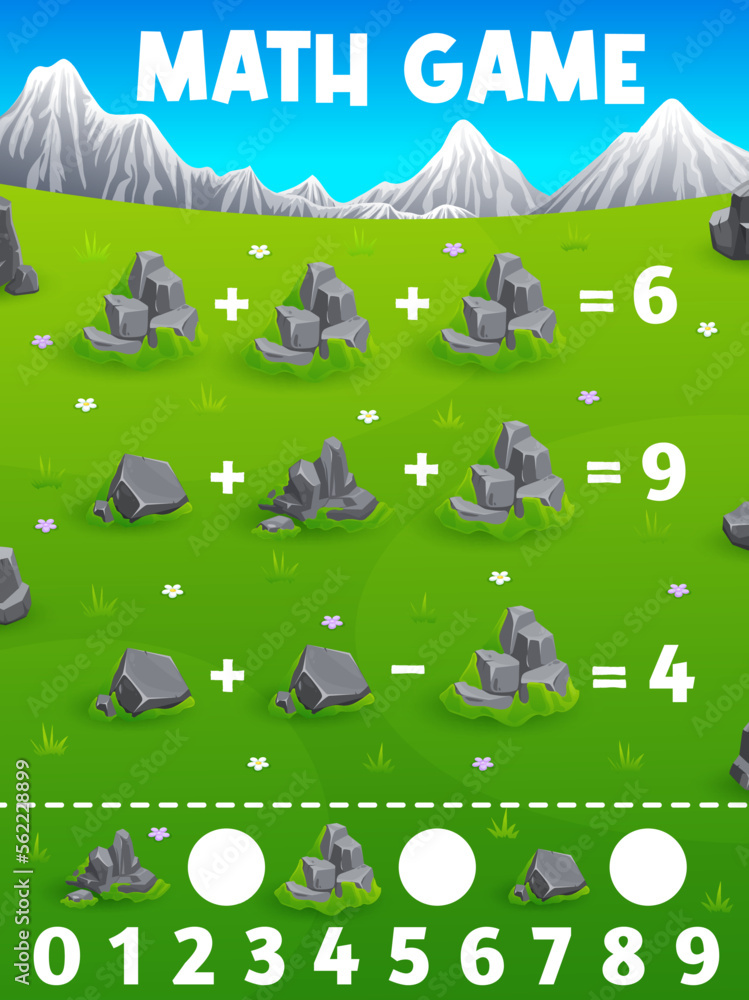 Poster math game worksheet. stones and rocks on mountain meadow. kids educational riddle, mathematical puzz