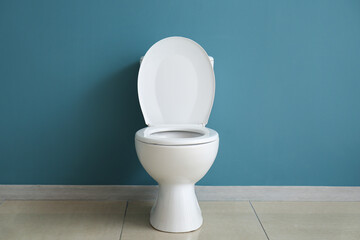 Ceramic toilet bowl near blue wall