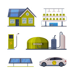 Green energy sources set. Biogas, green gas alternative industry. Nature renewable energy, ecology protection, innovation and technology cartoon vector illustration