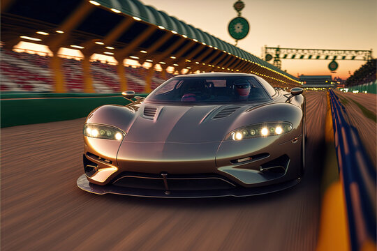  a silver sports car driving on a race track at sunset, with two people inside the car On the right side of the image, there is a fence, and in the background, ther