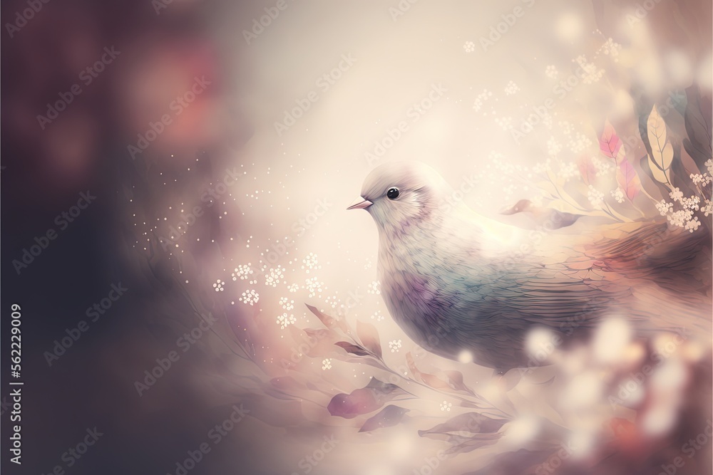 Poster a bird sitting on a branch with flowers in the background and a blurry background behind it, with a 