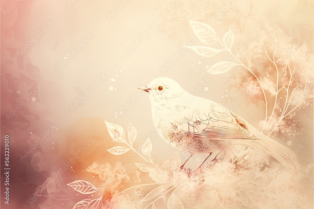Poster a bird sitting on a branch with leaves around it and a sky background with a light colored backgroun