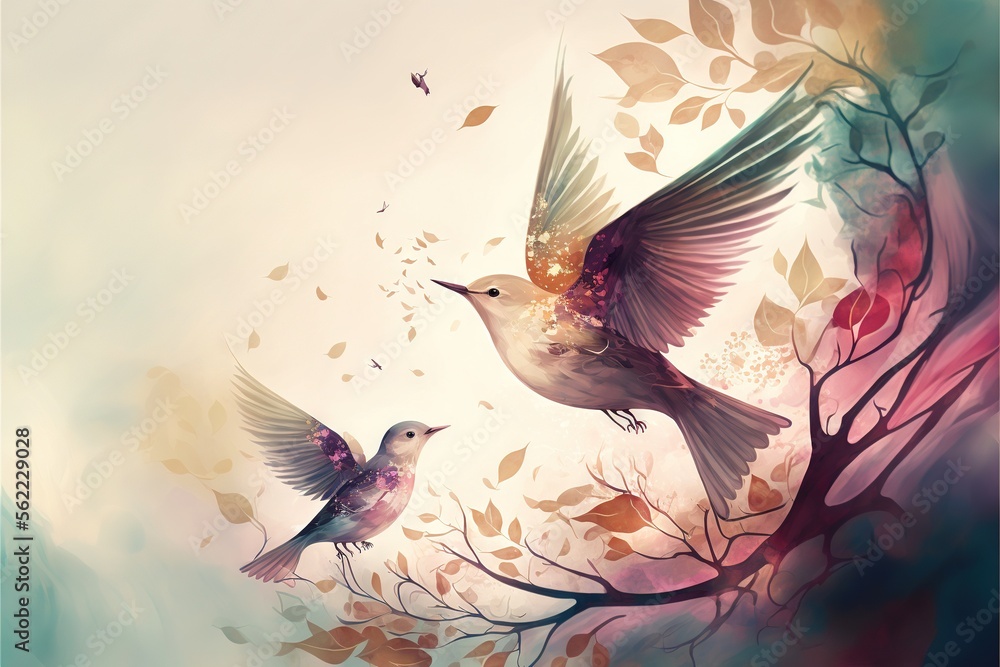 Poster two birds flying next to each other on a tree branch with leaves and flowers on it, with a bird flyi