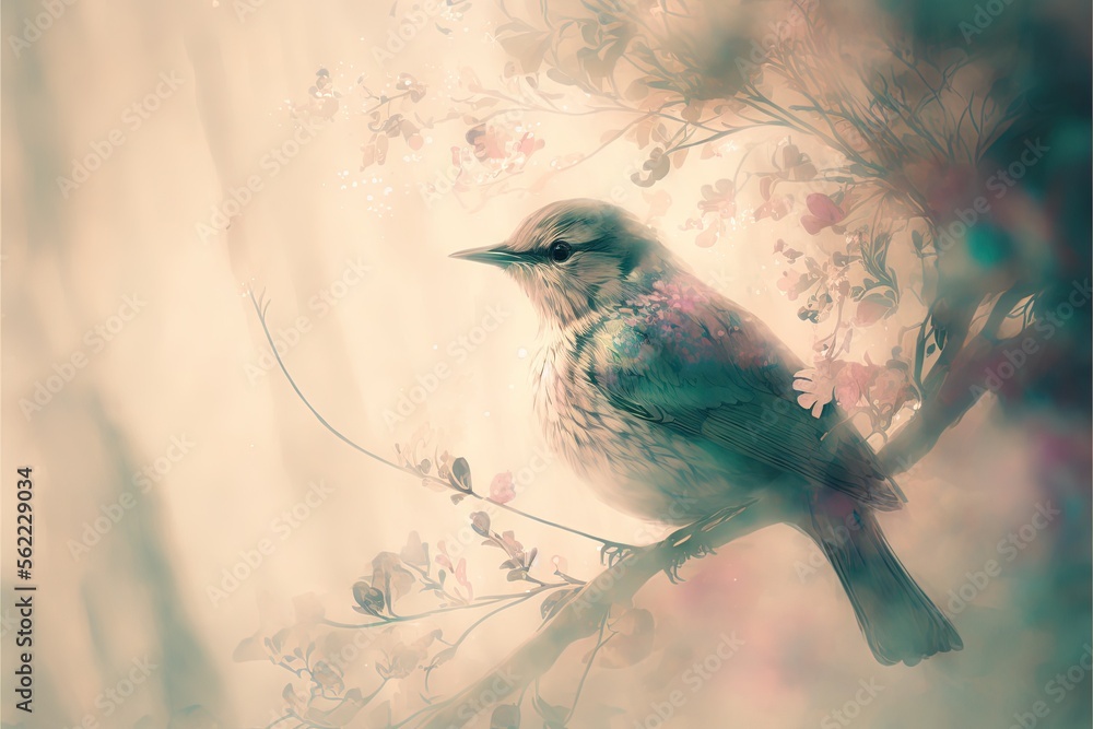 Poster a bird sitting on a branch with flowers in the background and a blurry background behind it, with a 