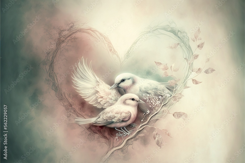 Poster two white birds sitting on a branch in a heart shape with leaves on it's sides and a sky background 